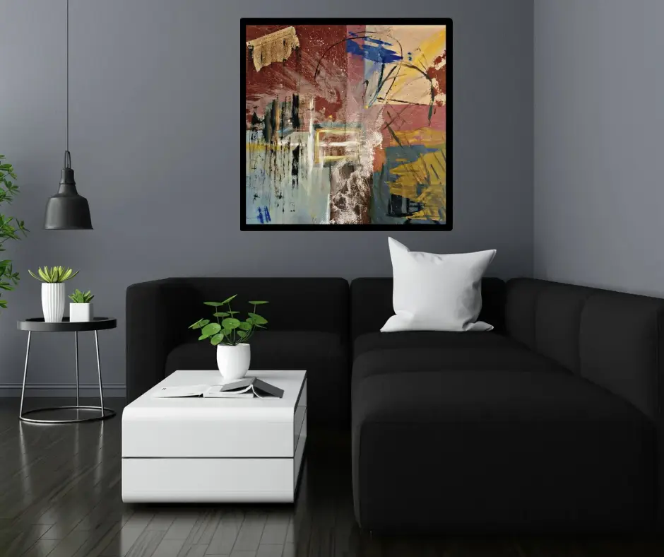 abstract art over black sofa